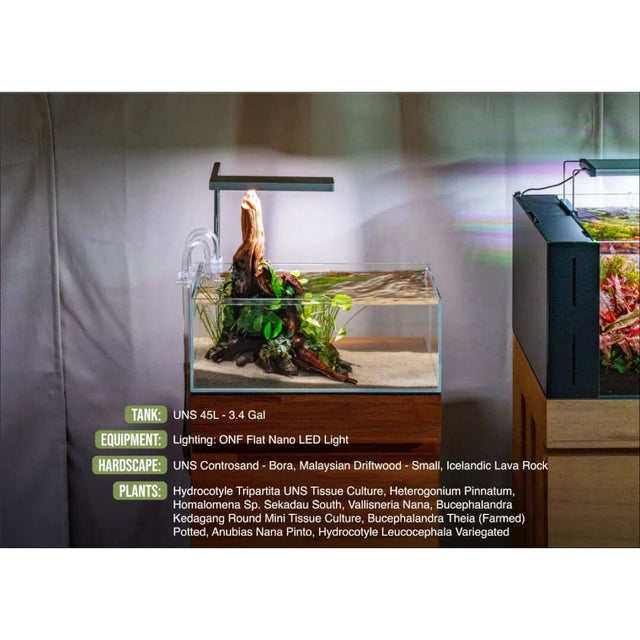 Aquarium setup featuring UNS Controsand Bora substrate with plants and nano LED light for aquascaping.