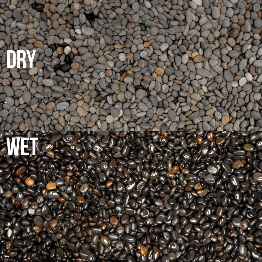 Comparison of UNS Controsand Kona in dry and wet states, showcasing various tones and textures for aquascaping.