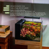 Aquarium setup featuring UNS Controsand Kona substrate with vibrant aquatic plants and equipment specifications.