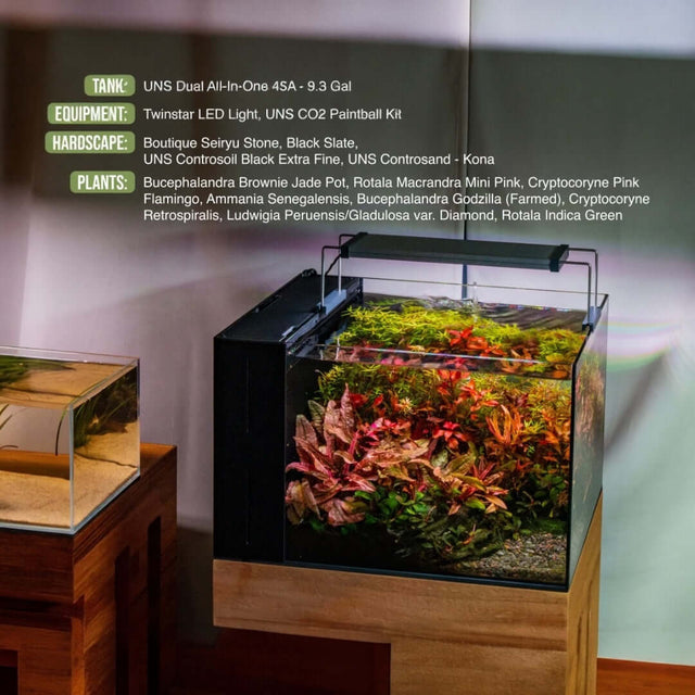 Aquarium setup featuring UNS Controsand Kona substrate with vibrant aquatic plants and equipment specifications.