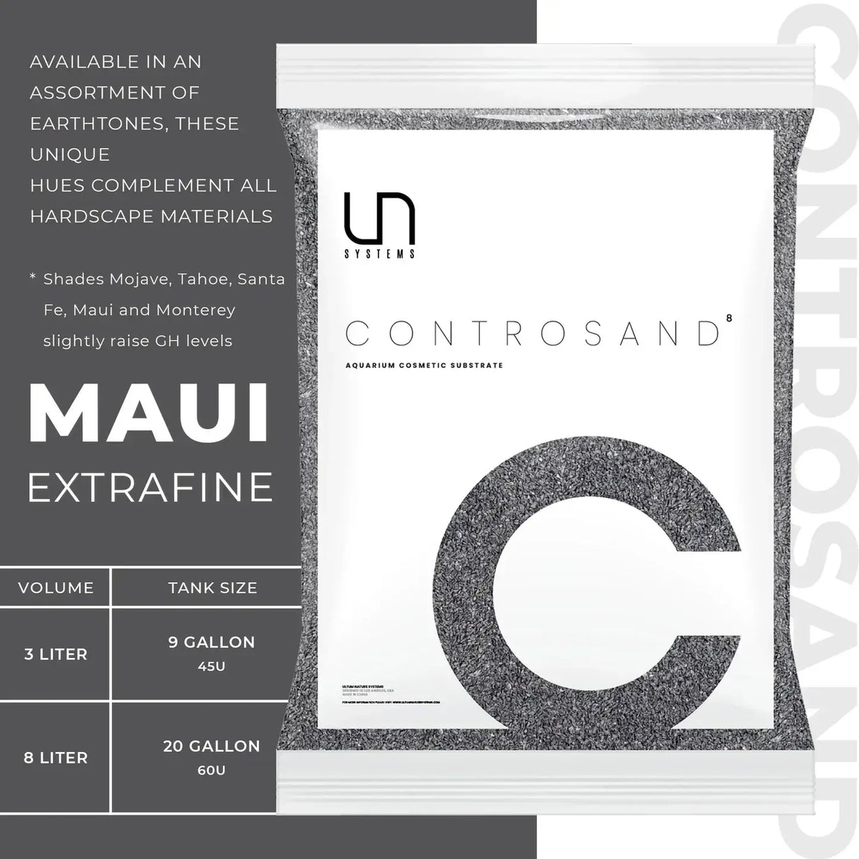 UNS Controsand Maui extrafine natural substrate for aquariums, available in various tones and sizes.