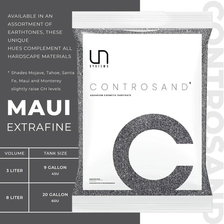 UNS Controsand Maui extrafine natural substrate for aquariums, available in various tones and sizes.