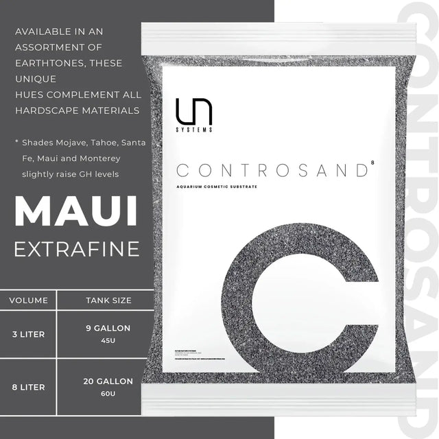 UNS Controsand Maui extrafine natural substrate for aquariums, available in various tones and sizes.