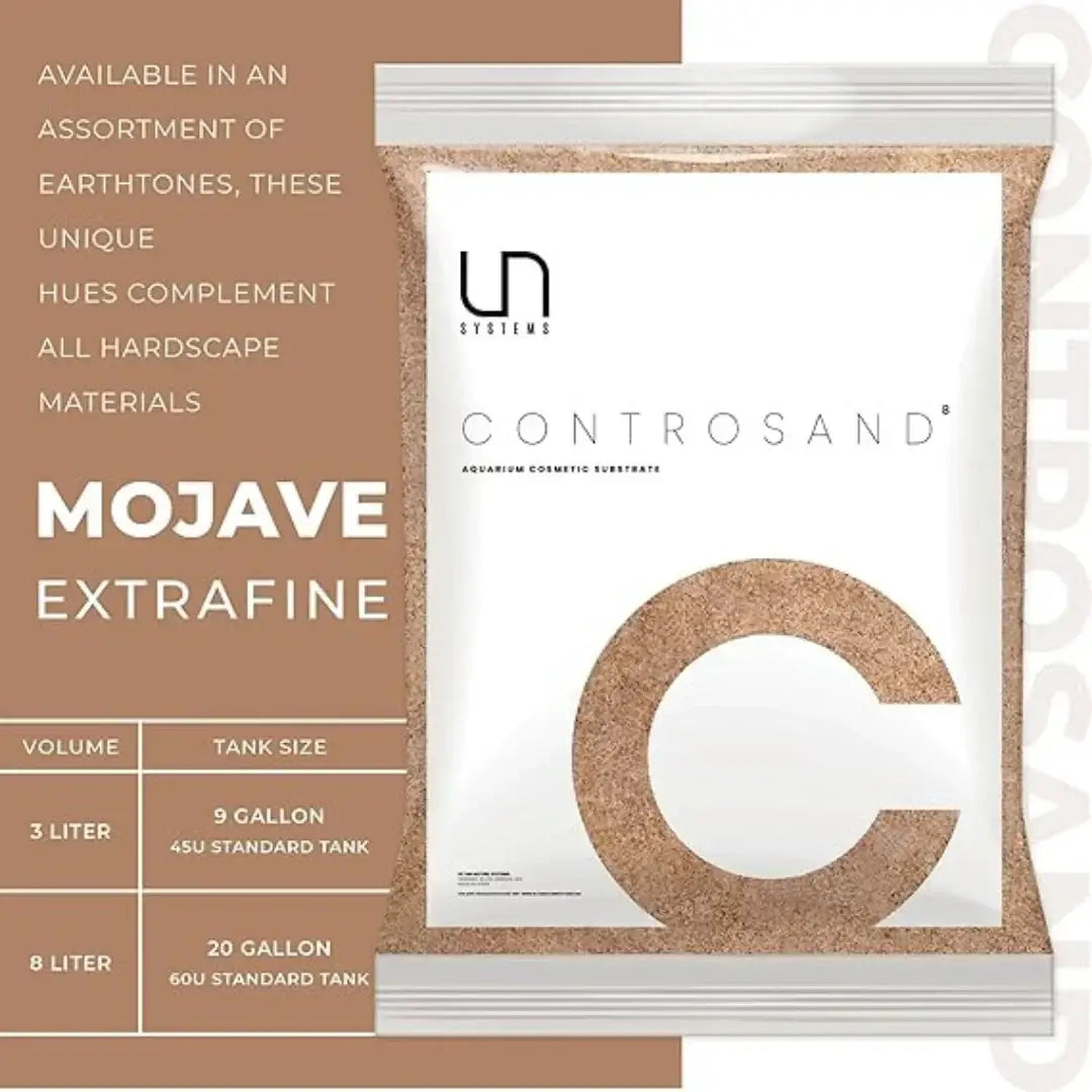 UNS Controsand Mojave aquarium substrate packaging showcasing extrafine texture and tank size options.