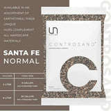 UNS Controsand Santa Fe packaging, natural substrate for aquariums and terrariums, showcasing granule sizes and tank compatibility.