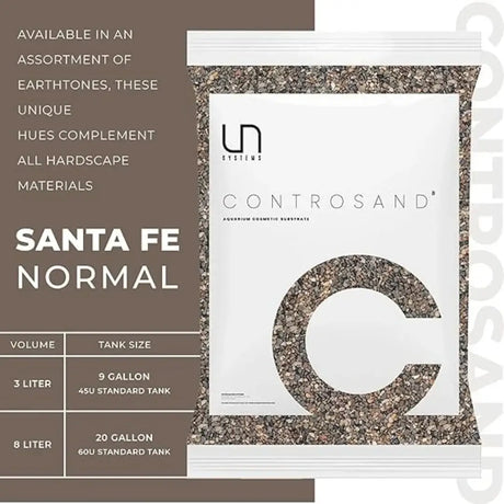 UNS Controsand Santa Fe packaging, natural substrate for aquariums and terrariums, showcasing granule sizes and tank compatibility.