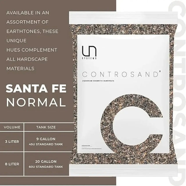 UNS Controsand Santa Fe packaging, natural substrate for aquariums and terrariums, showcasing granule sizes and tank compatibility.