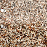 Comparison of dry and wet UNS Controsand substrate for aquariums and terrariums, showcasing various granule sizes.