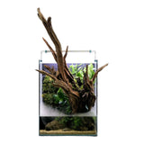 UNS Foresta Paludarium 35E with natural driftwood and lush plants, showcasing integrated mist and waterfall features.