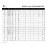 Rimless glass aquarium size guide with dimensions and volume details for various tank models.