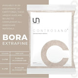 UNS Controsand Bora Extrafine substrate bag for aquariums, showcasing volume options and compatibility with hardscape materials.
