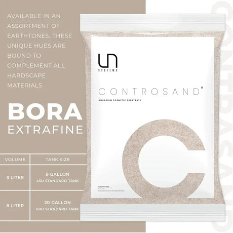 UNS Controsand Bora Extrafine substrate bag for aquariums, showcasing volume options and compatibility with hardscape materials.