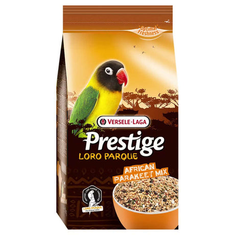 Prestige African Parakeet Mix 1kg bag with a green parakeet illustration and seed mixture for optimal bird health.