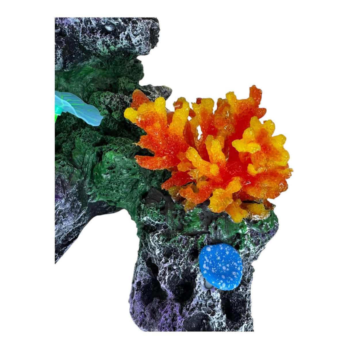 Vibrant coral rock aquarium ornament in orange and yellow hues, enhancing underwater scenery with colorful details.