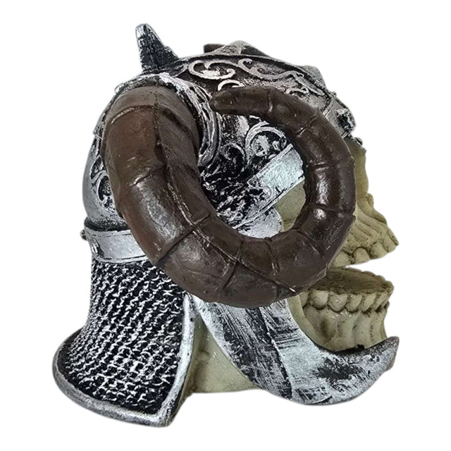 Viking Skull Aquarium Ornament with detailed helmet and horns, decorative skull figurine for unique aquarium decor.