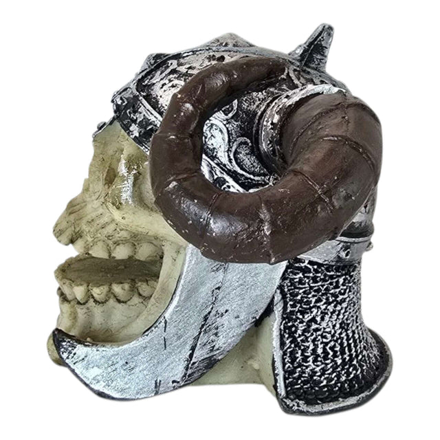 Viking Skull Aquarium Ornament featuring a bone-like skull with horns and detailed helmet, perfect for unique decor.