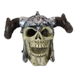 Viking Skull Aquarium Ornament with helmet and horns, detailed bone-like skull, striking decor for aquariums.