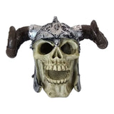 Viking Skull Aquarium Ornament with helmet and horns, detailed bone-like skull, striking decor for aquariums.