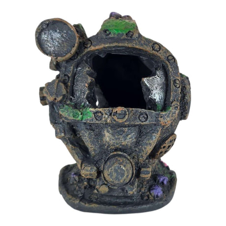 Vintage diving helmet aquarium ornament with weathered details and coral accents for underwater decor.