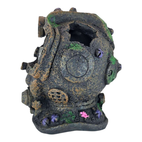 Vintage diving helmet aquarium ornament with detailed coral embellishments for underwater decor.