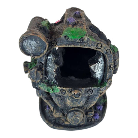 Vintage diving helmet aquarium ornament with authentic distressed finish for underwater decoration.