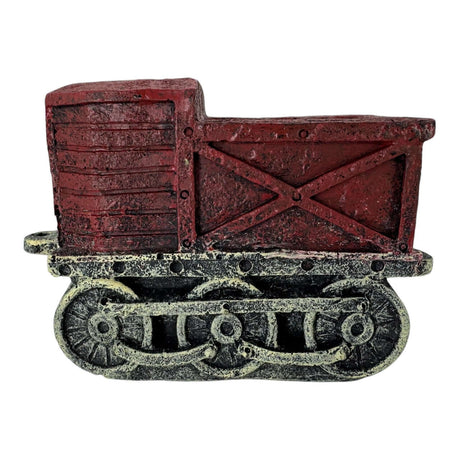 Vintage red train truck aquarium ornament with textured finish, resembling a classic gondola, adds rustic charm.