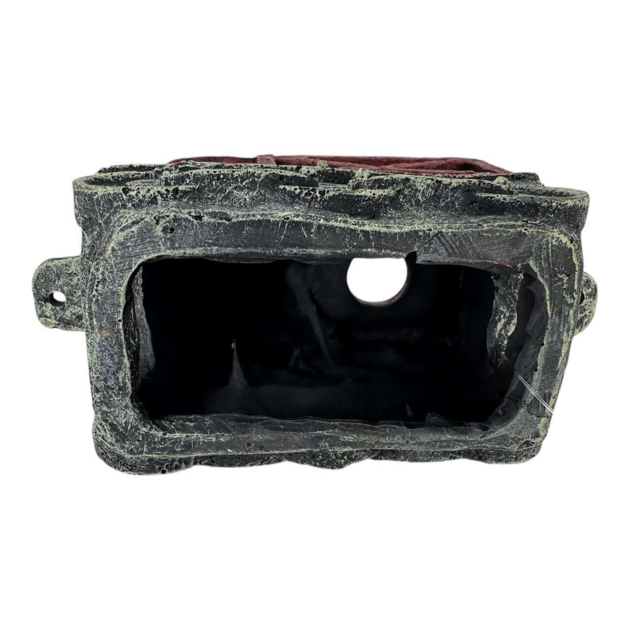 Vintage Red Train Truck aquarium ornament, showcasing a textured surface and aged look for rustic charm.