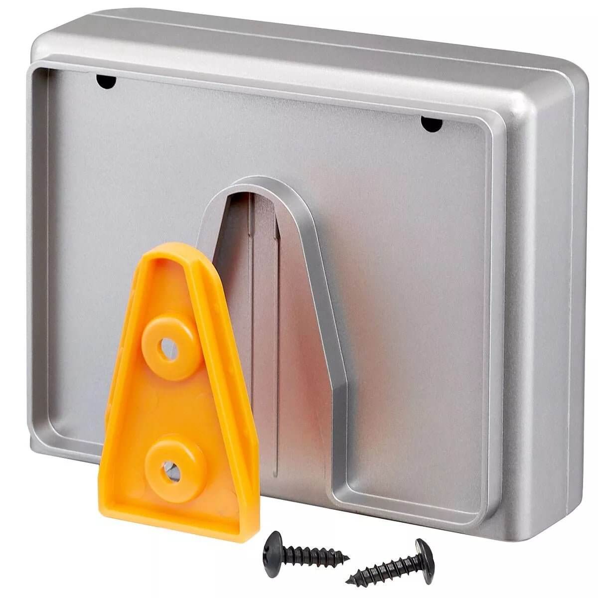 Back view of a silver wall mount with an orange bracket and screws for secure installation.