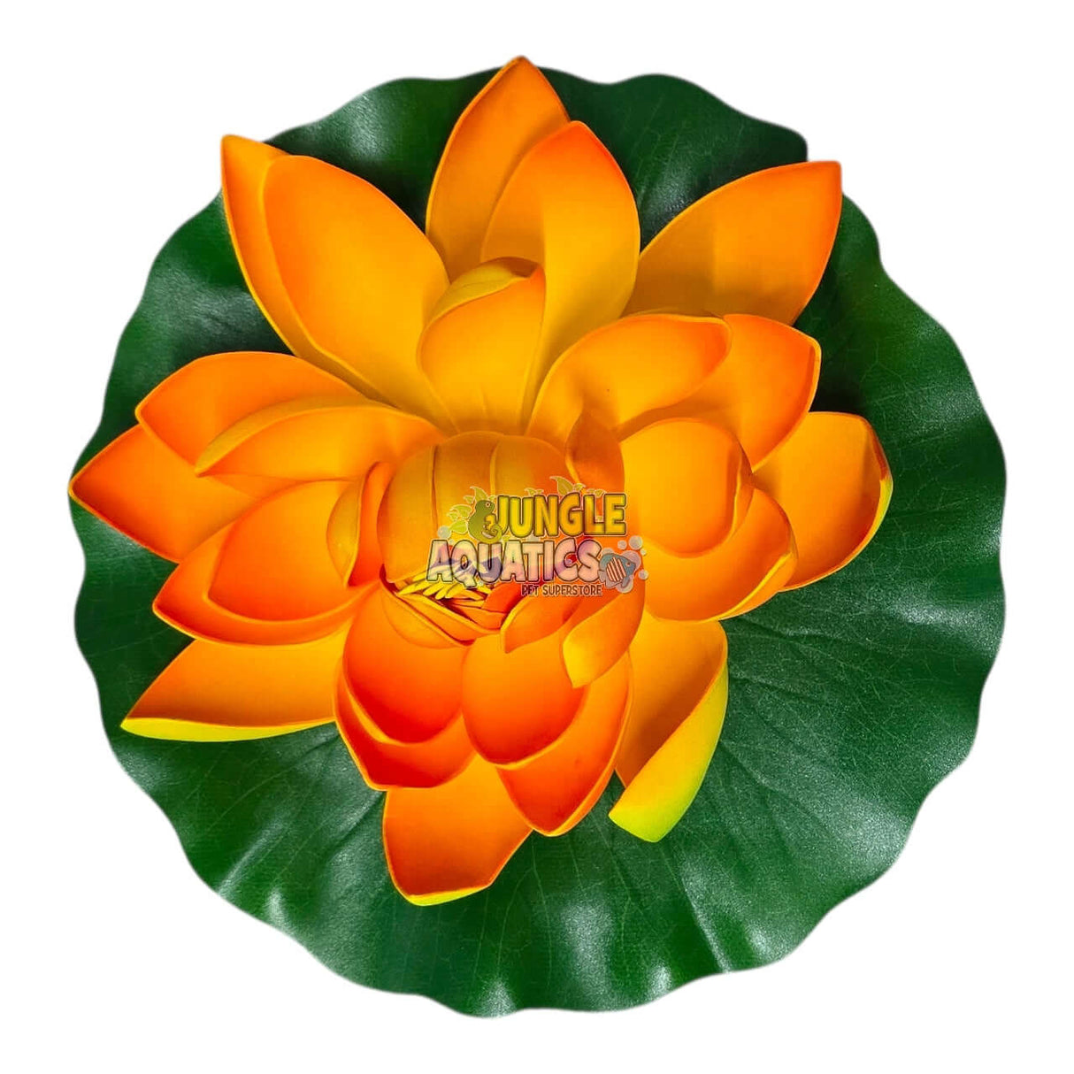 Water Lily Pond Floating Plant in vibrant orange and yellow hues, set on lush green leaves, perfect for decoration.