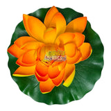 Water Lily Pond Floating Plant in vibrant orange and yellow hues, set on lush green leaves, perfect for decoration.
