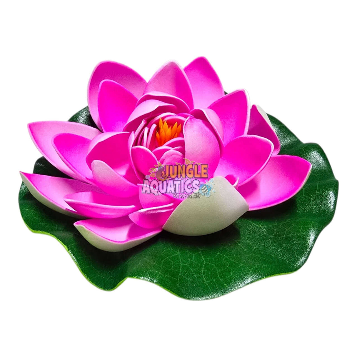 Water Lily Pond Floating Plant on a green leaf with vibrant pink petals and yellow center, perfect for decorative use.