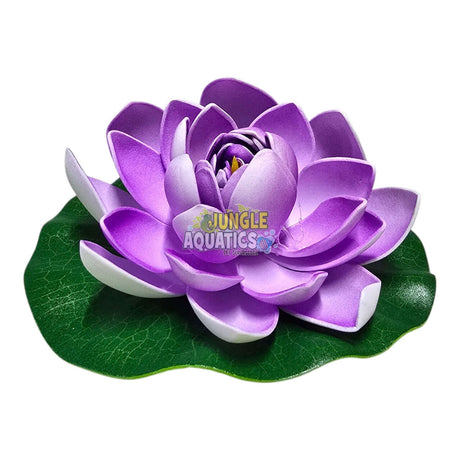 Water Lily Pond Floating Plant on a green leaf with vibrant purple petals, showcasing hyper-realistic design.