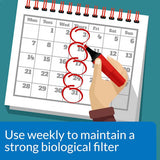 Illustration of a calendar with marked dates reminding to use API Stress Zyme Plus weekly for aquarium maintenance.