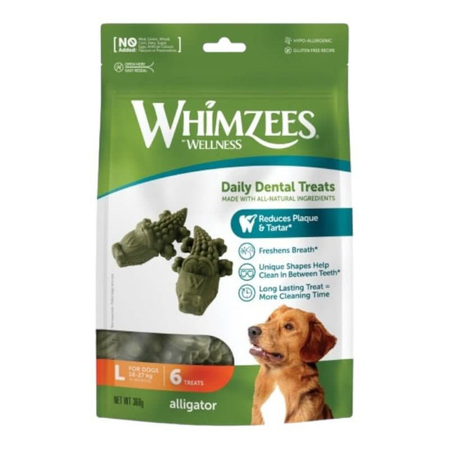 Whimzees Alligator Dental Dog Treats package showcasing gluten-free, all-natural ingredients for healthy chewing.
