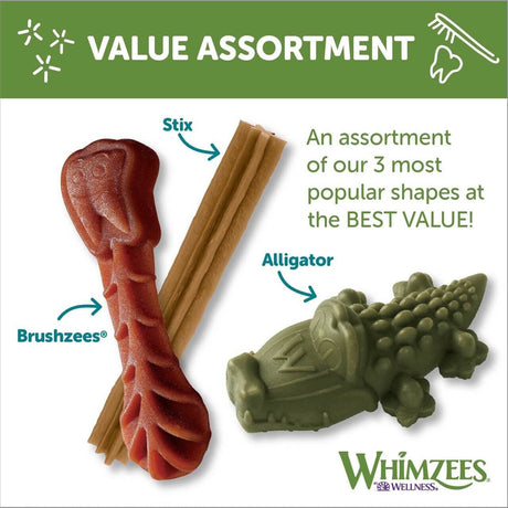 Whimzees Dental Dog Treats variety assortment featuring Stix, Brushzees, and Alligator shapes for optimal dental health.