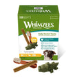 Whimzees Dental Dog Treats variety box with all-natural ingredients and various chew shapes for dental health.