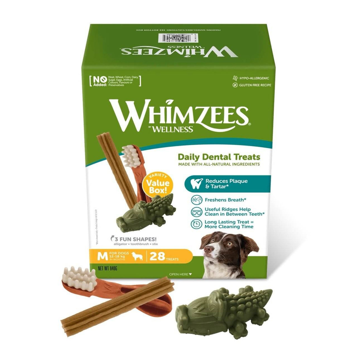 Whimzees Dental Dog Treats variety box with all-natural ingredients and various chew shapes for dental health.