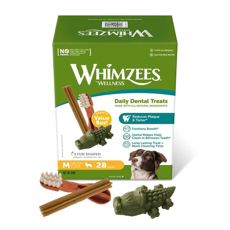 Whimzees Dental Dog Treats variety box with all-natural ingredients and various chew shapes for dental health.