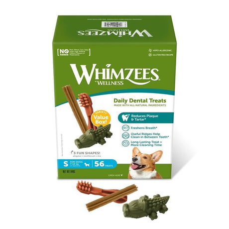 Whimzees Dental Dog Treats Variety Box featuring fun-shaped treats for cleaner teeth and fresh breath, made from all-natural ingredients.