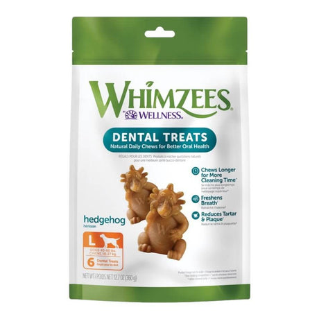 Whimzees Hedgehog Dental Chews packaging, gluten-free dog treats for dental health and fresh breath.