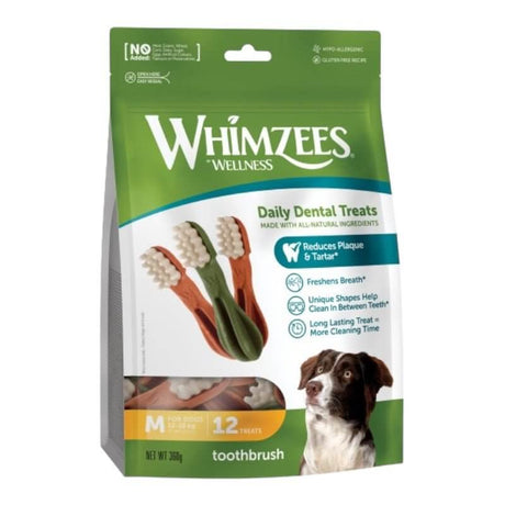 Whimzees Toothbrush Dog Treat package showcasing daily dental treats for fresh breath and plaque reduction.