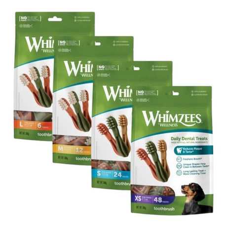 Whimzees Toothbrush Dog Treats in various sizes for dental health and fresh breath, showcasing eco-friendly packaging.