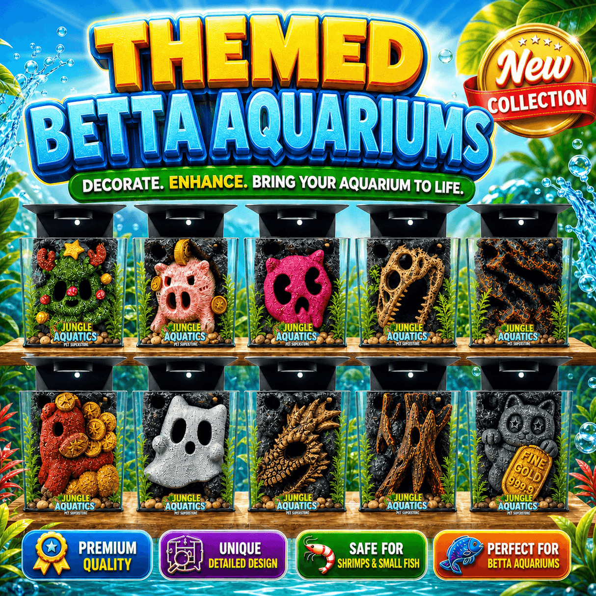 Themed WWW Betta Aqua Aquariums showcasing unique designs and vibrant 3D backgrounds for an enhanced aquatic experience.