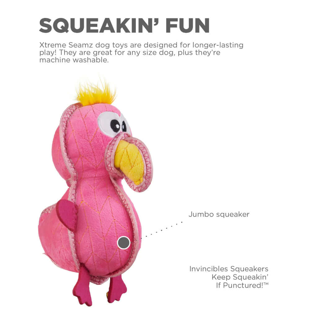 Xtreme Seamz Flamingo dog toy featuring vibrant colors, jumbo squeaker, and durable design for long-lasting fun.