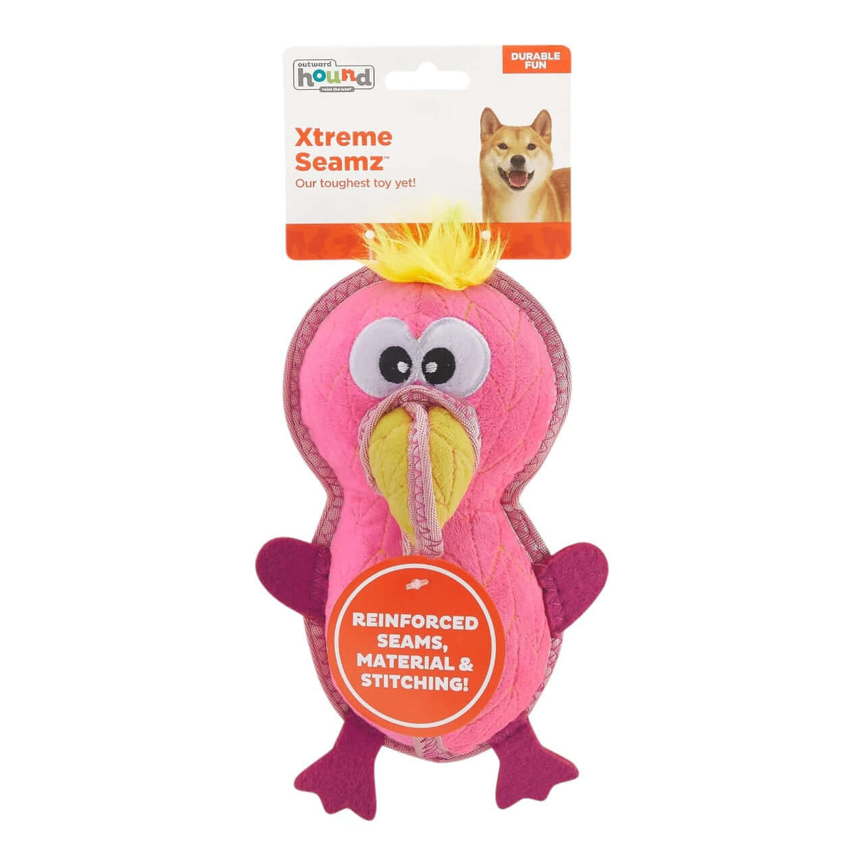 Xtreme Seamz Flamingo durable pet toy with reinforced seams and colorful design for tough play.