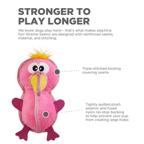 Xtreme Seamz Flamingo toy showcasing its triple-stitched binding and tightly quilted plush exterior.