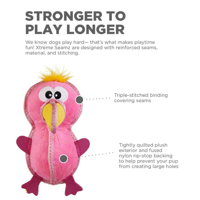 Xtreme Seamz Flamingo toy showcasing its triple-stitched binding and tightly quilted plush exterior.