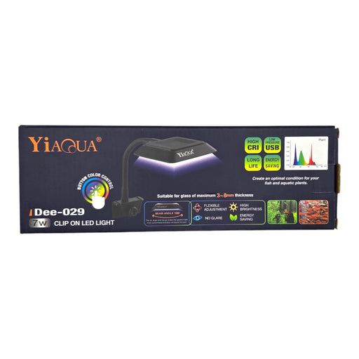 YiAqua Dee-029 Clip-On LED Light box showcasing features for optimal fish and aquatic plant conditions.