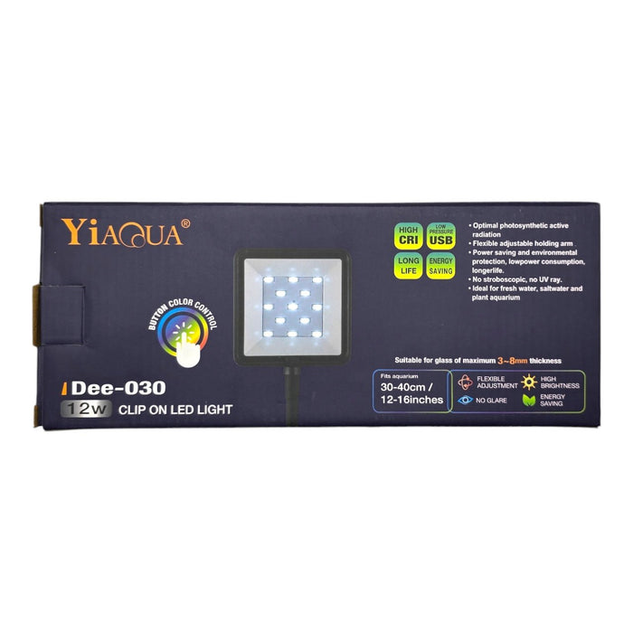 YiAqua Dee-030 Clip-On LED Light box with USB, high CRI, energy-saving features, suitable for aquariums 3-8mm thick.