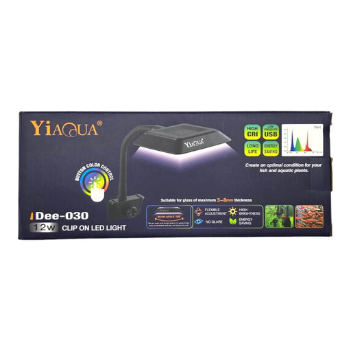 YiAqua Dee-030 Clip-On LED Light packaging with USB, flexible arm, and high brightness features highlighted.